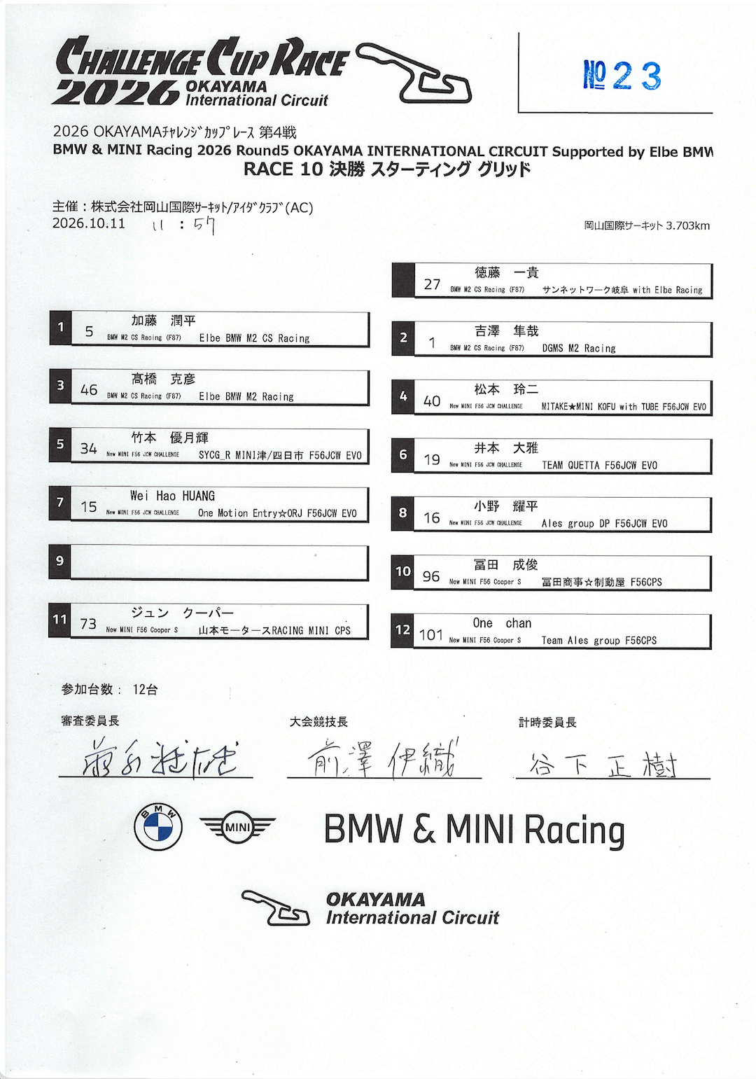 BMW & MINI Racing 2026 Round 5 OKAYAMA INTERNATIONAL CIRCUIT Race 10 スターティンググリッド