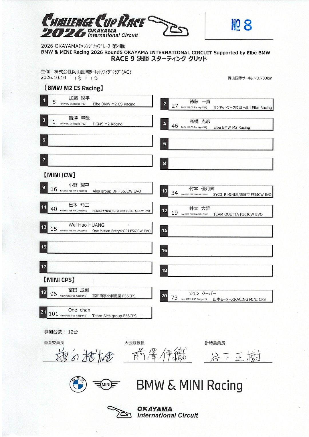 BMW & MINI Racing 2026 Round 5 OKAYAMA INTERNATIONAL CIRCUIT Race 9 スターティンググリッド
